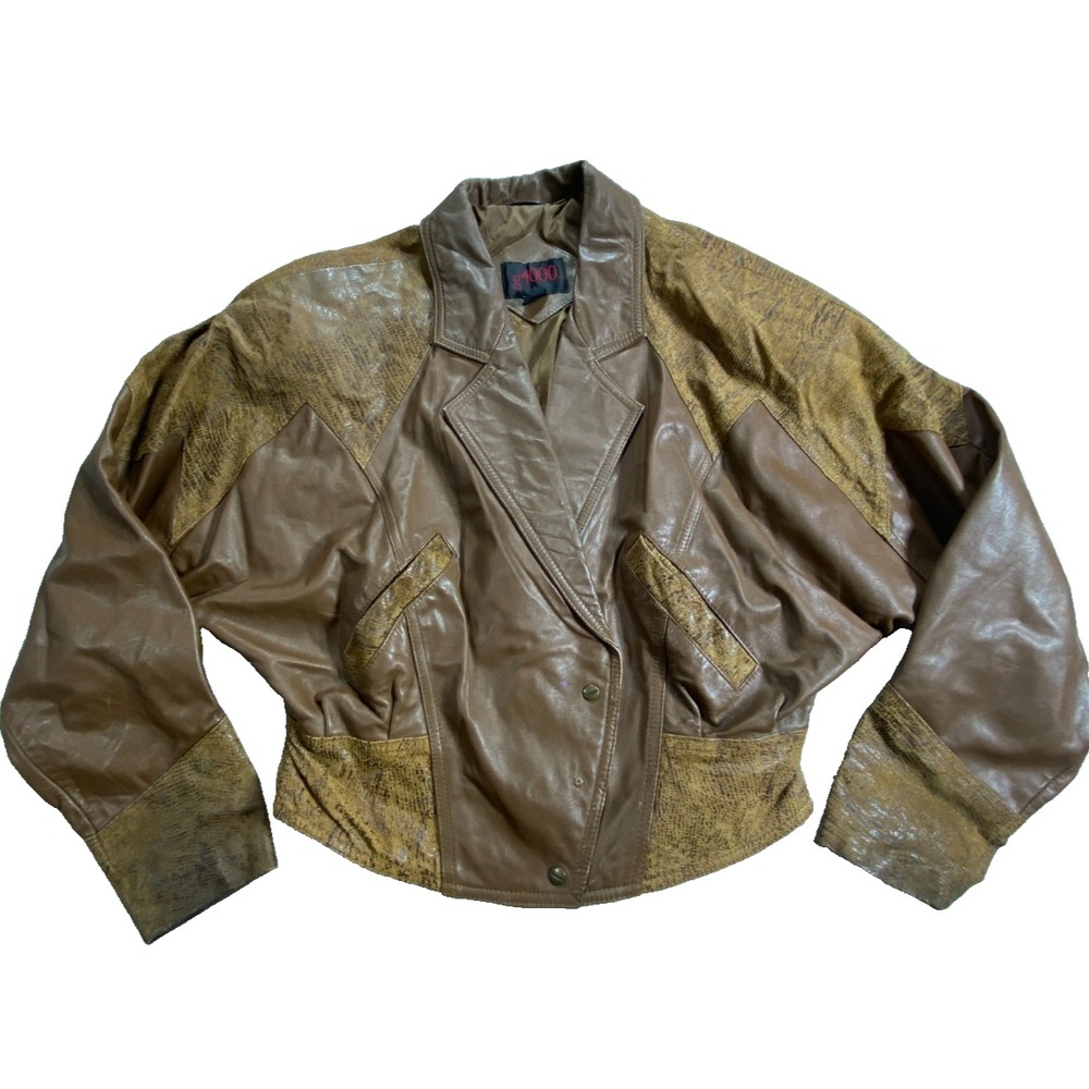 Vintage G4000 Leather Bomber Jacket Womens Medium Brown Snakeskin Print Cropped